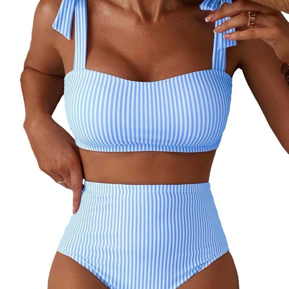 White and blue striped bikini